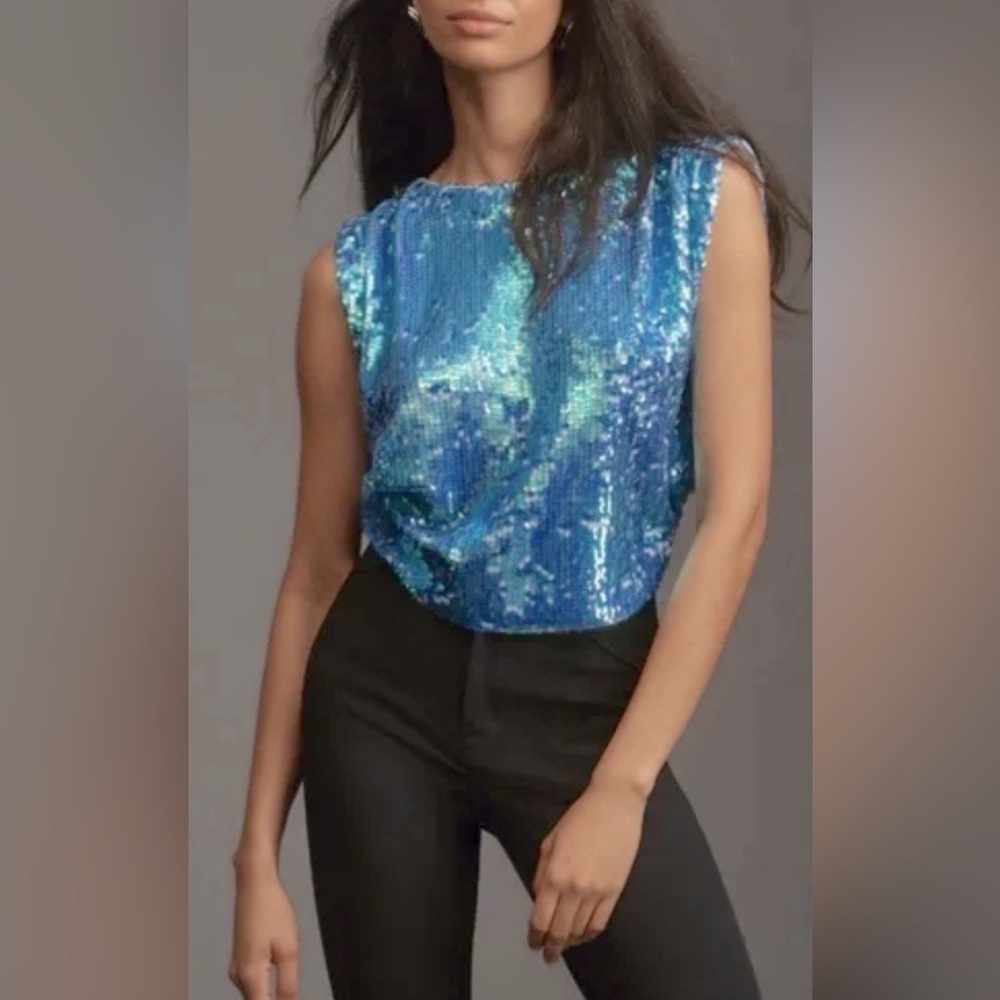NWT Anthropologie Pilcro Sequins Wool Cashmere Top Sleeveless Zip Up Blue Large